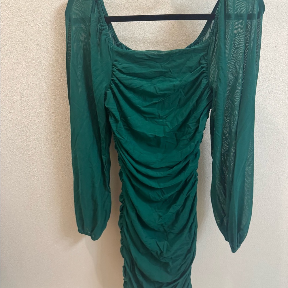 Amazon Green Ruched Bodycon Mini Dress with Bishop Sleeves - Picture 3 of 3